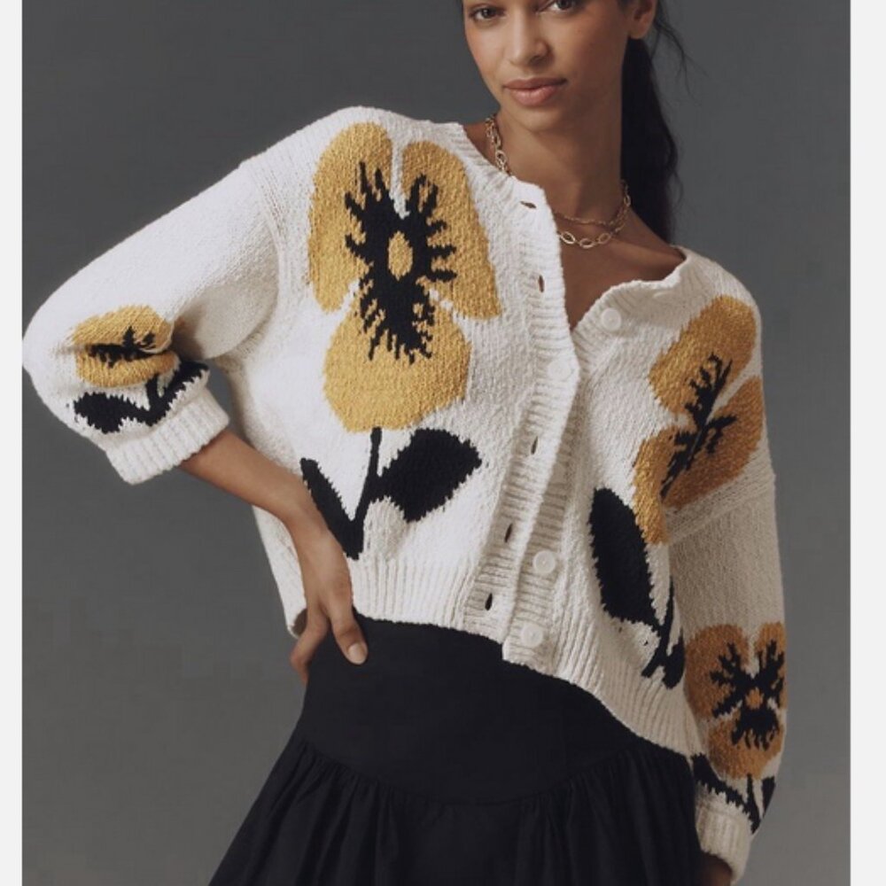 Anthropologie Maeve Elbow Sleeve Cardigan Sweater Floral Size L NWT Large